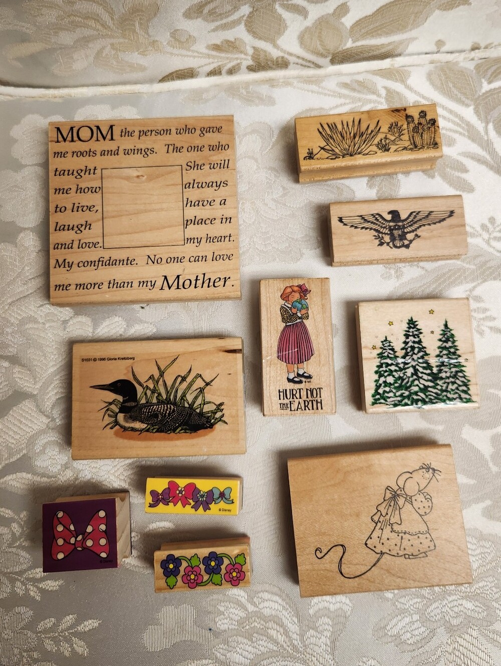 Vintage Wood Block Rubber Stamps Mixed Lot 10 Pieces - Bows, Trees, Mouse